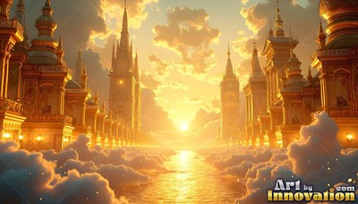 Rising over fluffy clouds, golden spires line a sunlit city street at dawn
