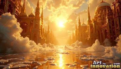 Gold palace towers flank a bright sun above bright white clouds