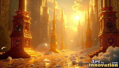 Green gems set in gold pillars line a cloud-covered street in a golden city at sunset