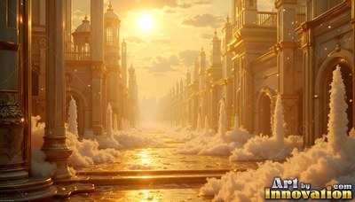 A golden street of palaces stretches into the distance under warm yellow sunlight