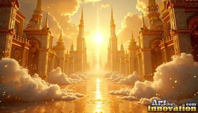 Looking down a golden road between towering palace spires lined with clouds