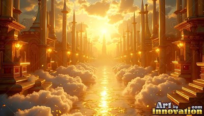 A bright golden city with tall spires stands along a path of fluffy clouds