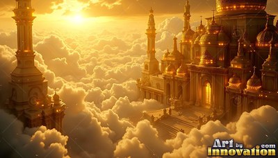 In warm sunset clouds, a palace stands with tall towers and domes