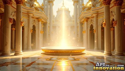Shining bright, a gold fountain stands in a white palace courtyard with tall pillars