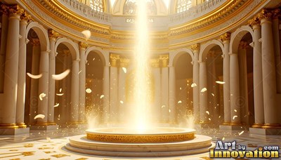 Golden fountain pouring light inside a round marble hall