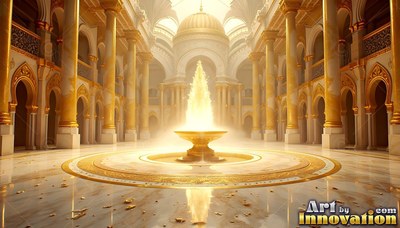 A bright gold fountain shoots upward inside a domed hall lined with yellow pillars