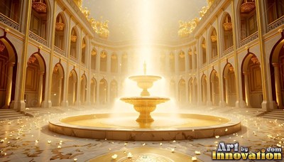A golden fountain shines in a grand courtyard under a beam of bright yellow light
