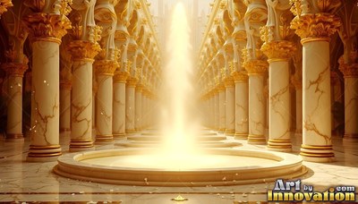 Facing forward in a marble hall, a bright fountain rises between gold pillars