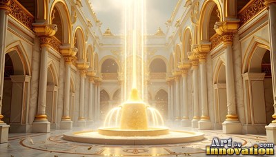 A bright gold fountain shoots light inside a courtyard of white columns