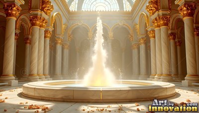 In a sunny marble courtyard with gold pillars, a central fountain sprays water