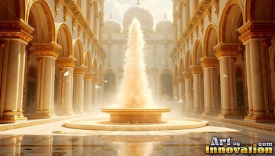 Shooting water high into the air, a central golden fountain stands in a sunny palace courtyard