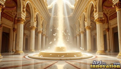 Sunlight pours onto a golden fountain inside a marble palace hall