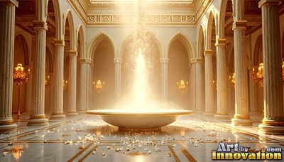 A round shallow basin spills bright yellow light inside a grand hall with tall pillars