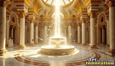 A marble fountain sprays water toward a dome under bright golden light