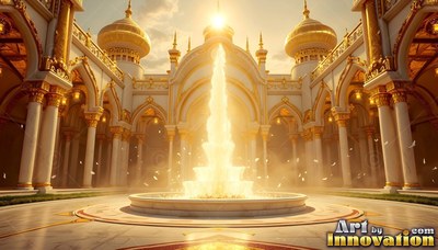 Facing a bright fountain in a palace courtyard with gold domes and pillars