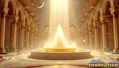 Bright sunlight pours into a fountain inside a palace with tall columns