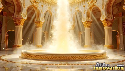 In a round marble hall with pillars, a bright golden fountain shoots upward
