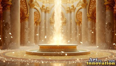 Spilling bright light upward, a gold fountain sits inside a marble palace room