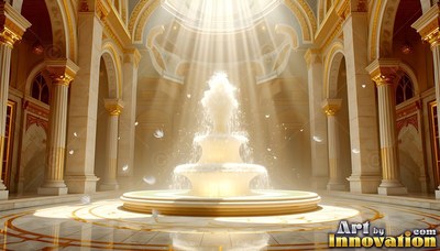 A water fountain under bright sunlight inside a grand golden hall