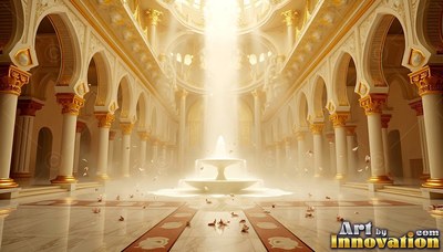 A tiered white fountain rests inside a sunlit golden palace lined with arched columns
