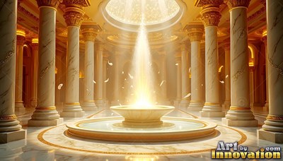 A fountain shoots bright light inside a marble hall with tall columns