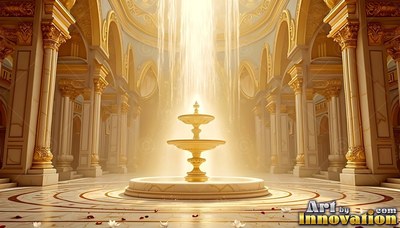 Standing centered in a palace hall, a tiered fountain catches light from above