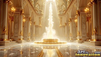A white marble hall with tall gold columns and a fountain shooting bright mist