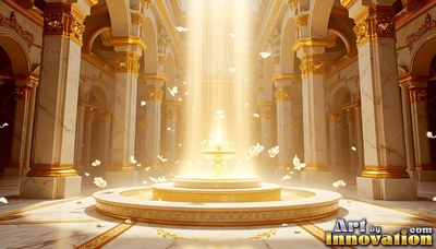 In a marble palace hall, a fountain sits under a beam of bright golden light