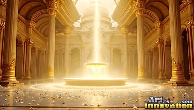 Shining with bright light, a fountain sits in a hall with tall golden columns