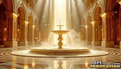 A stone fountain in a golden hall with bright sunlight