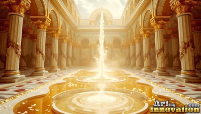 A bright jet of water rises from a fountain inside a hall lined with golden pillars