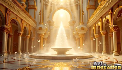 A fountain sprays water in a golden palace hall lit by bright sunbeams