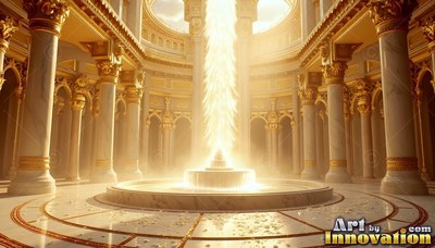 Centered view of a bright fountain in a circular hall of marble pillars and gold details