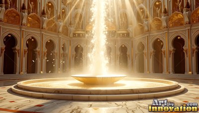Bright sunlight pours into a fountain inside a white and gold palace courtyard