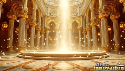 In a marble hall lined with gold pillars, a beam of bright light shines on a circular fountain