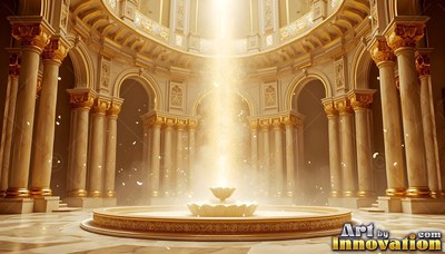 Rising from a round fountain, a beam of bright light fills a golden marble hall