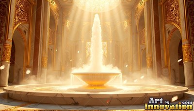 A fountain in a golden marble hall under sunbeams