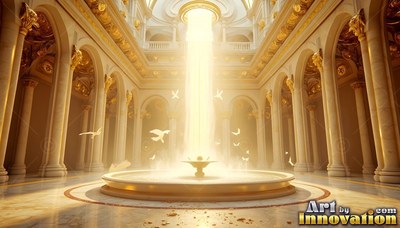 A fountain with white doves inside a golden hall with bright light pouring down