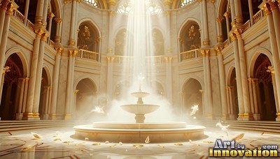 A stone fountain sits in a marble hall where bright sunlight falls from above
