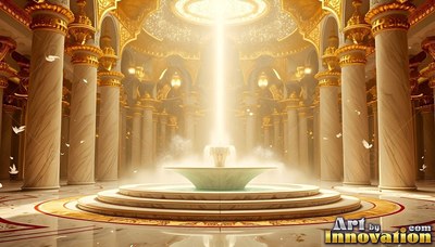 Centered view of a stone fountain inside a golden hall with bright light shining down