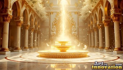 Bright light shoots up from a golden fountain inside a white hall with tall columns