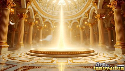 In a golden domed hall, a bright pillar of light shines on a circular floor