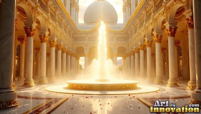 Shooting bright water upward, a golden fountain stands inside a white marble courtyard