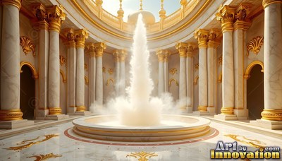 A fountain of white mist sprays inside a round hall with gold columns