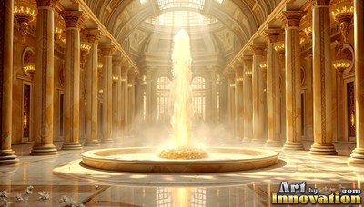 A tall spray of bright water rises from a fountain inside a golden hall with columns