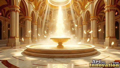 A gold fountain shoots bright water upward beneath beams of sunlight inside a hall