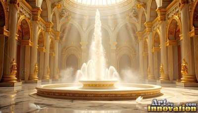 Centered view of a tall water fountain in a gold and white hall under sunbeams