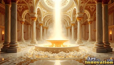 A bright beam of yellow light shines into a fountain inside a white marble hall