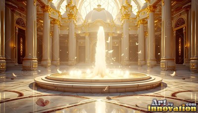 In a grand hall with white and gold pillars, a water fountain flows under sunlight