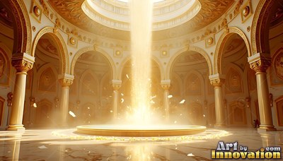 Pouring down through a domed ceiling, bright yellow light fills a round gold hall